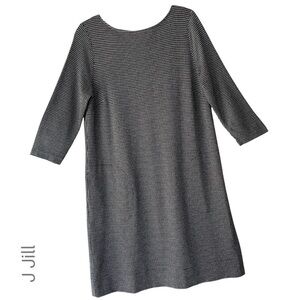 J JILL | PONTE KNIT BLACK & WHITE SHIFT DRESS BOAT NECK 3/4 SLEEVE POCKETS SMALL